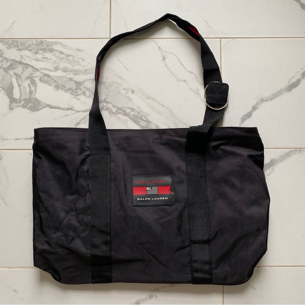 Vintage 1990s 90s Polo Sport Ralph Laure Tote Bag Black Red Canvas Zip Top Large